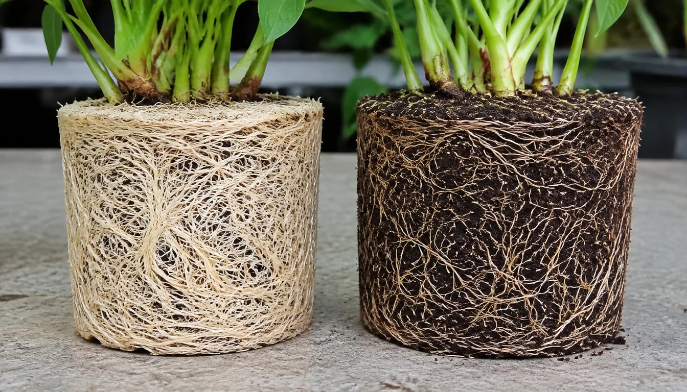 Two root balls out of their pots side by side on a bench, the left a solid pale mat of roots holding the cylinder shape of its pot with almost no soil visible, the right with roots across its surface but dark mix still making up most of its bulk