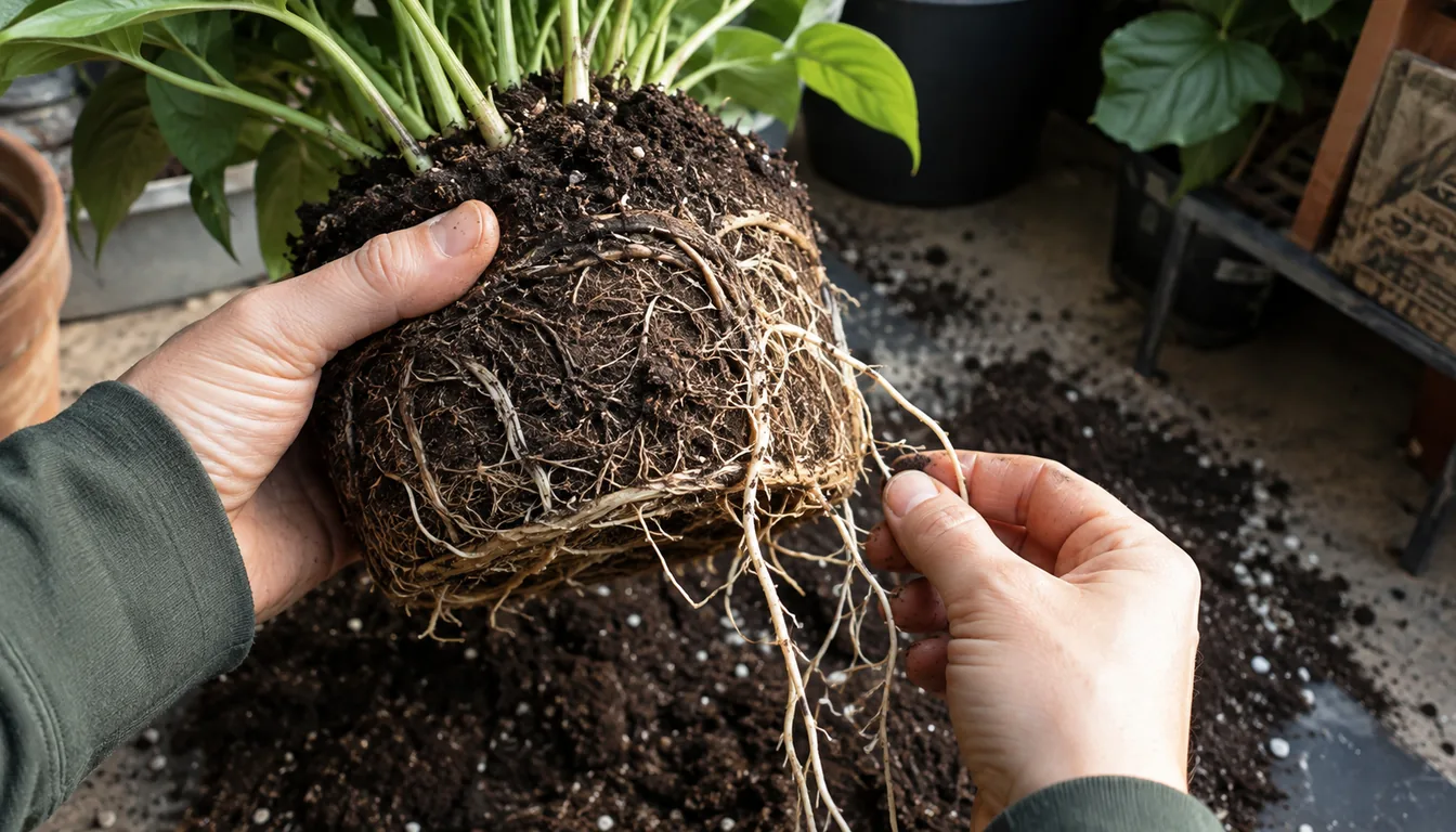 Two hands holding a root ball over a potting bench, one hand teasing several long pale roots free from the outside of the ball while the inner mass of soil and roots stays intact