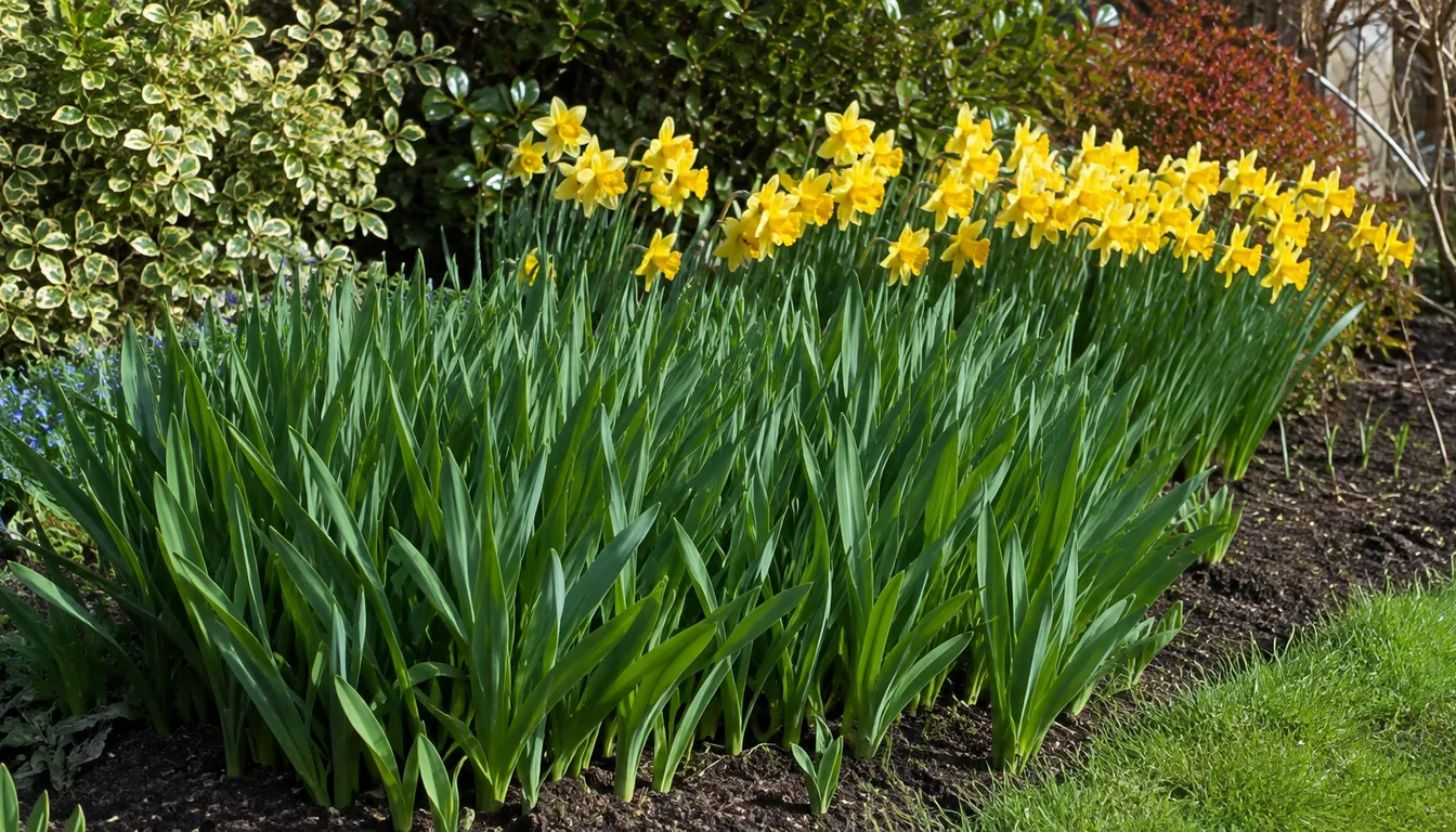 A garden border where a broad clump of green daffodil leaves in the foreground carries no flower stems at all, while a band of daffodils behind it is in full yellow flower