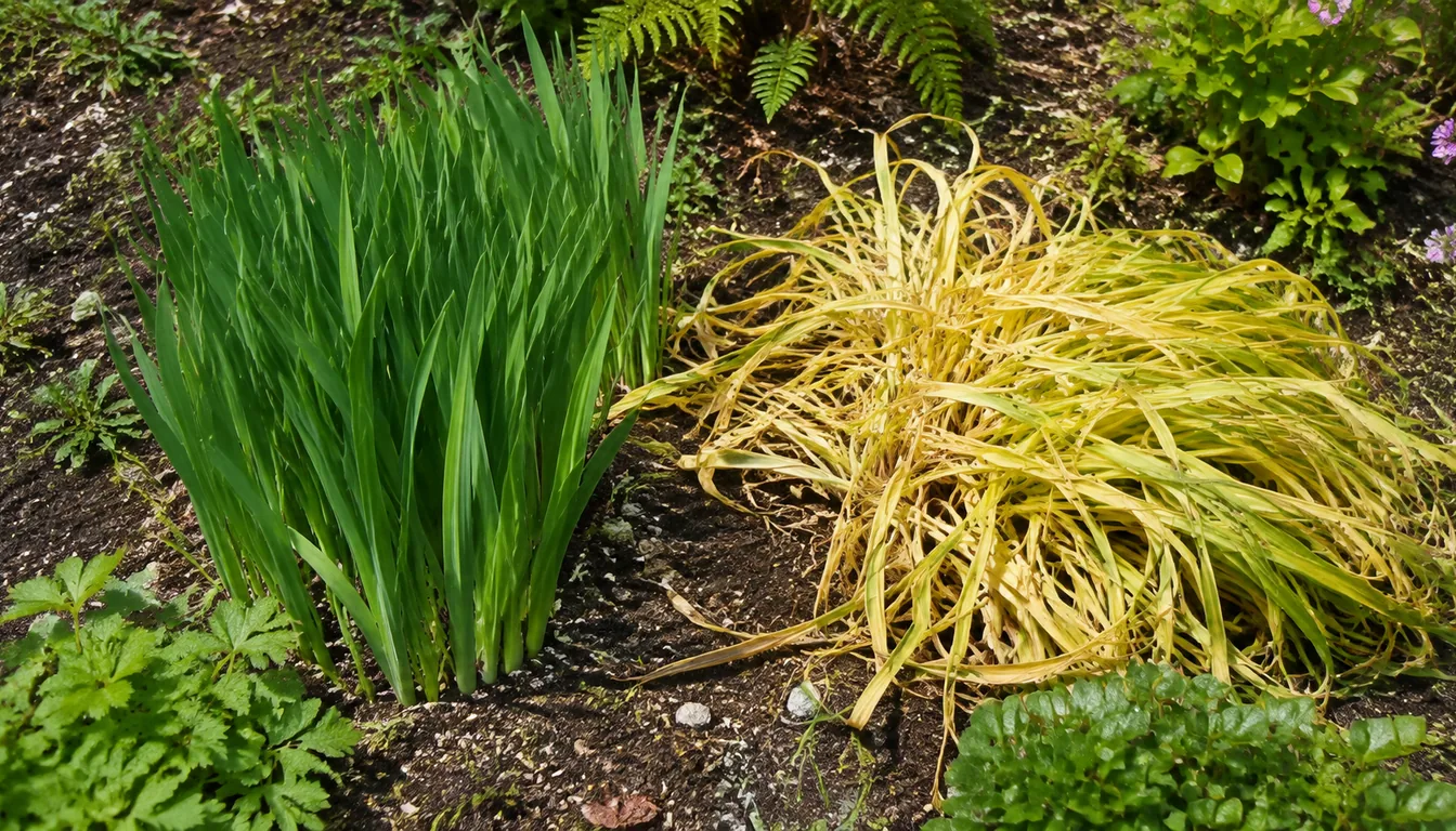Two clumps of daffodil foliage in a bed after flowering, the left upright and fully green, the right collapsed and almost entirely yellow and papery