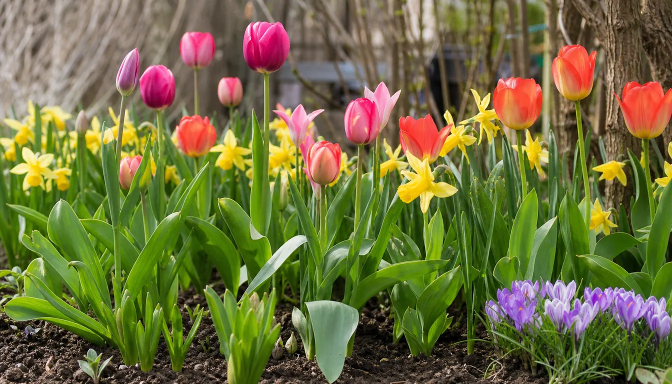 tulips and daffodils blooming together in an early spring garden bed