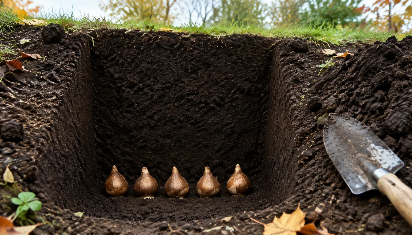 A planting trench cut away at the side in dark garden soil, five daffodil bulbs standing pointed end up along the flat bottom with a tall column of open soil above them, a trowel and fallen fall leaves at the edge