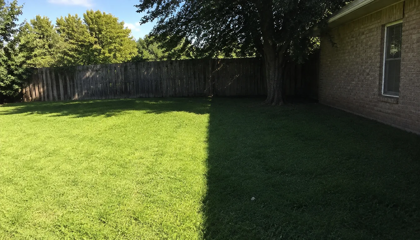 A back garden at midday showing one open area of lawn in full unbroken sunlight beside a large area held in the deep shade of a house wall and a tall tree