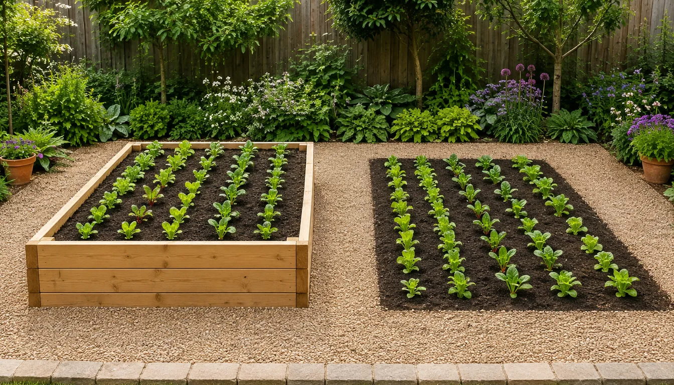 Two vegetable beds of the same size side by side, a timber-sided raised bed standing above the path on the left and a flat in-ground bed dug at path level on the right