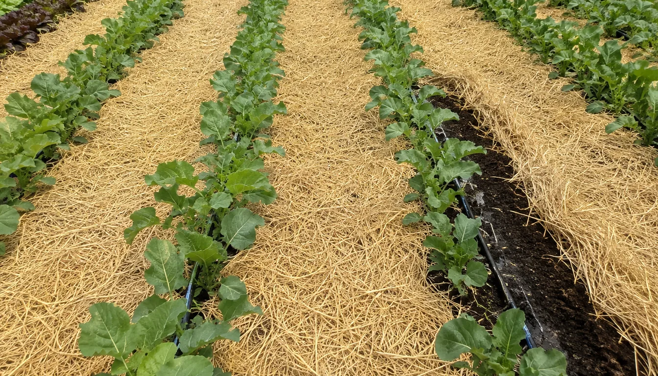 A vegetable bed with black drip line running the length of each row under a thick straw mulch, the straw pulled back along one row to show the dark damp soil beneath