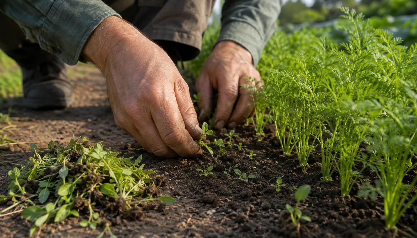A gardener crouched pulling small weeds by hand from between a row of fine thread-leaved carrot seedlings, with a heap of pulled weeds on the path beside them