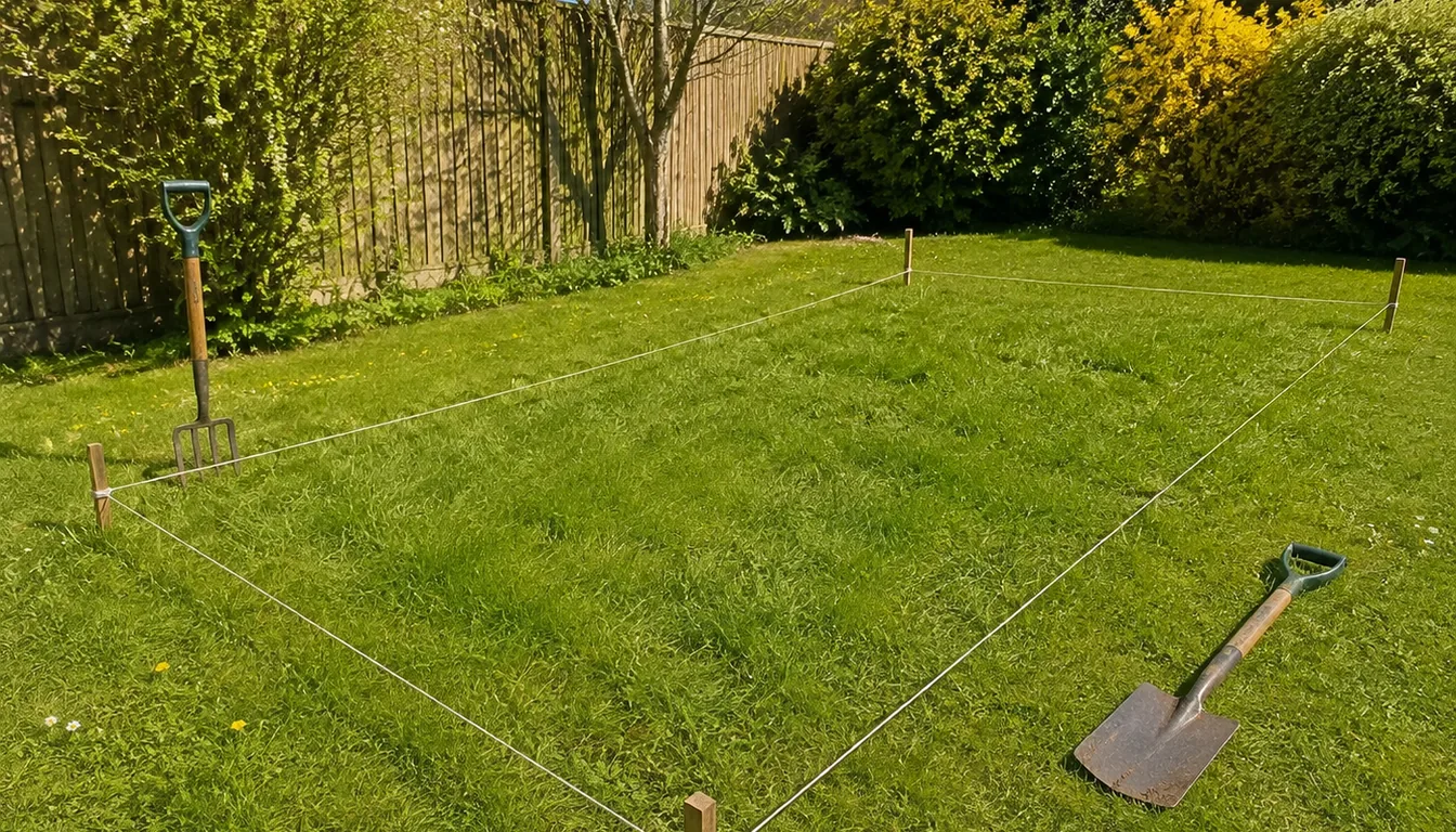 A sunny corner of a back lawn marked out for a first vegetable bed with white string run between four corner stakes, the turf inside still uncut and a fork standing in the ground