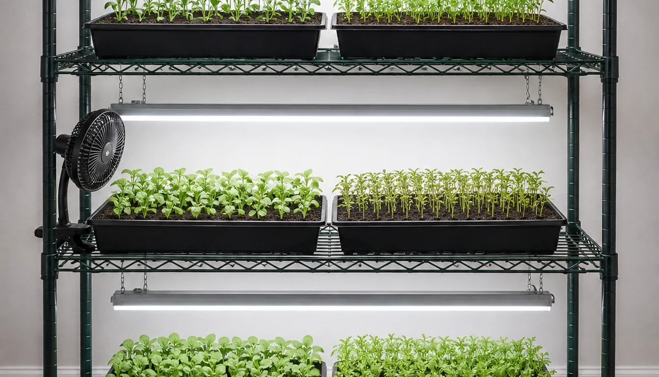 A three-tier metal shelving rack used as a seed starting station, each shelf holding two trays of seedlings under a close-hung light bar with a clip fan on the middle shelf