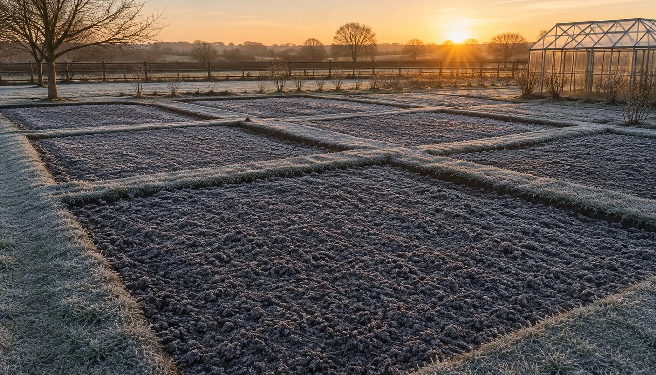 An early spring vegetable garden at dawn with light silver frost lying on the bare worked soil of the empty raked beds and on the grass paths between them