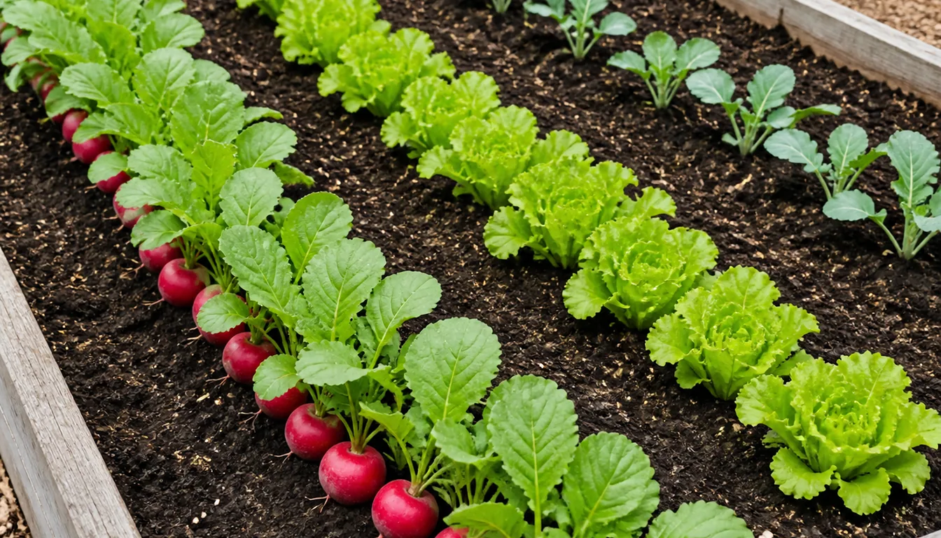 Three crops in adjacent rows of one bed sown at the same time and now at different stages, swollen radishes pushing out of the soil, half-size lettuce, and still-small brassicas