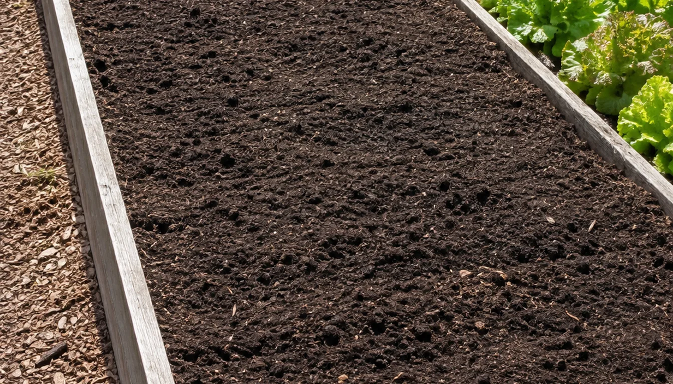 A raised bed cleared between crops with the old roots and stubble taken out and the soil forked over and raked level, ready to sow again