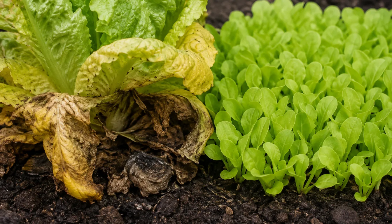 An old lettuce plant with yellowing outer leaves and brown rotted lower foliage sitting directly beside a block of small clean newly germinated lettuce seedlings in the same bed