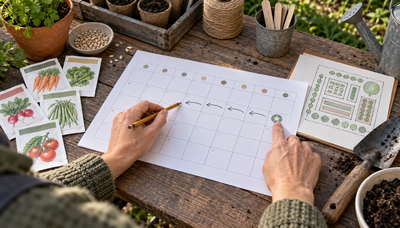 Gardener counting backward across a blank calendar beside seed packets and a raised-bed map