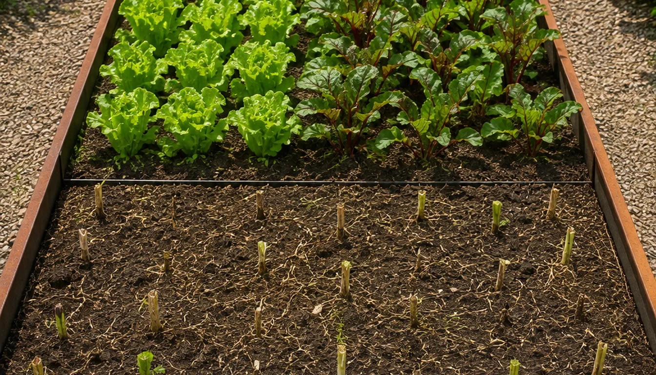 One raised bed with half-grown leafy lettuce and beets filling the far end and the near end already cut back to bare soil and harvested stubble rows