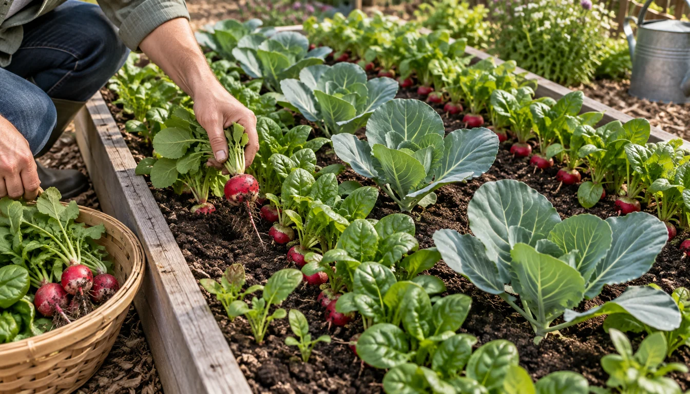 Gardener harvesting radishes and baby spinach between young cabbage plants before their leaves close the canopy