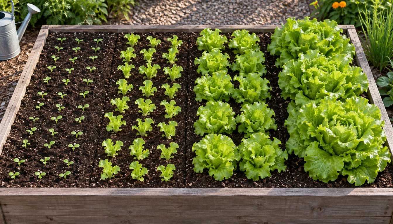 Four adjacent blocks of the same lettuce variety progressing from seedlings to harvest-ready heads