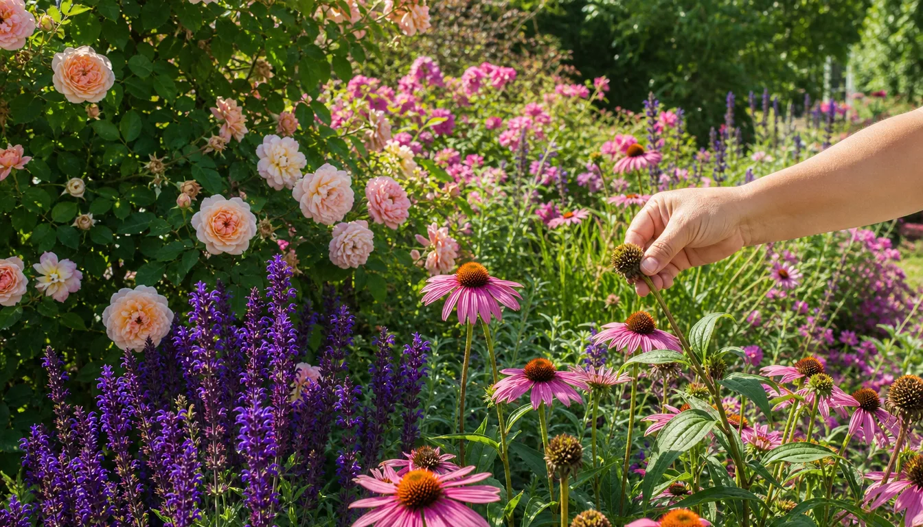 A mixed summer border in full bloom with a gardener deadheading spent flowers, the planting still carrying color well past its first flush