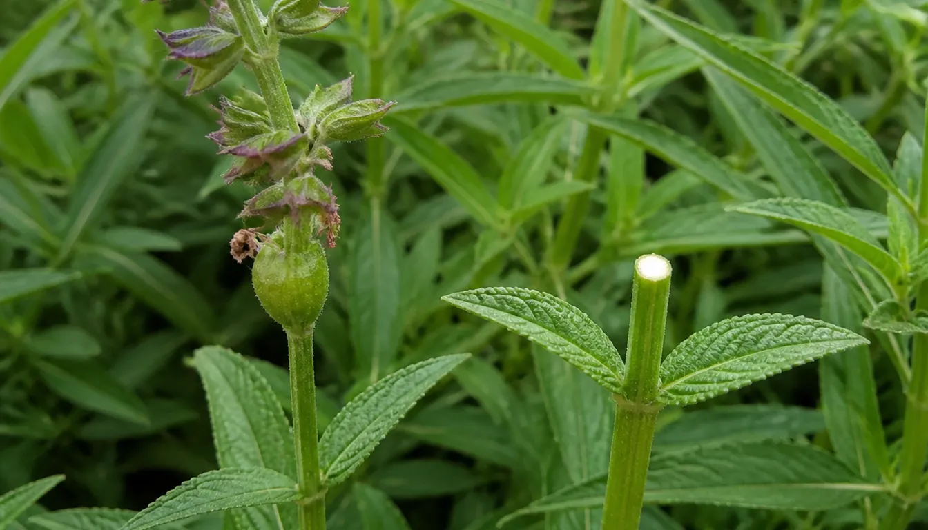 Two salvia stems side by side, the left one carrying a swelling green seed capsule where the flower was and the right one cut cleanly straight across just above a pair of healthy leaves