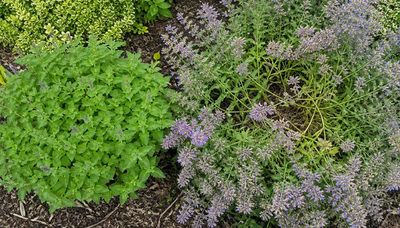 Two catmint clumps in one bed seen from above, the left one cut back hard weeks earlier and regrowing dense fresh foliage, the right one left uncut and sprawling open with faded flowers and a bare middle