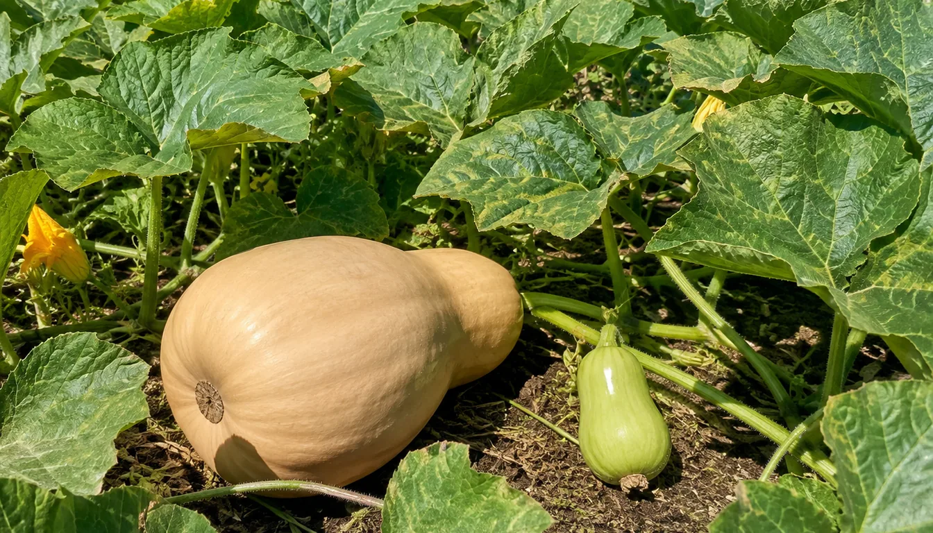 A butternut squash patch where two fruit lie on the same vine run, one large with hard matte tan skin and one much smaller and still pale green with a glossy sheen