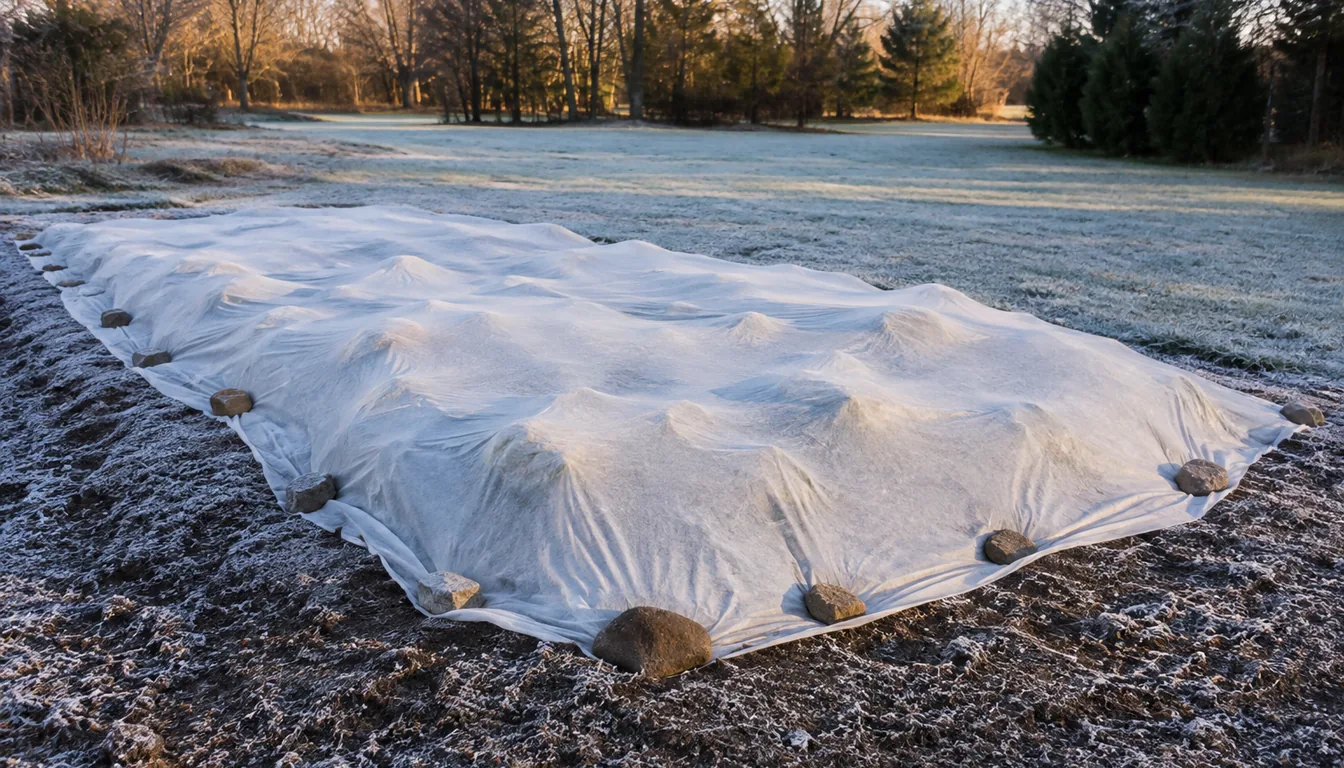 A squash bed covered with white frost cloth tucked down with stones, the fruit showing as soft bumps beneath, with hard frost on the bare soil and grass around it