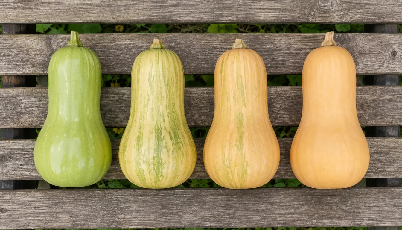 Four butternut squash in a row on a bench at different ripening stages, from pale glossy green at one end through streaky half-tan to a deep even matte buff at the other