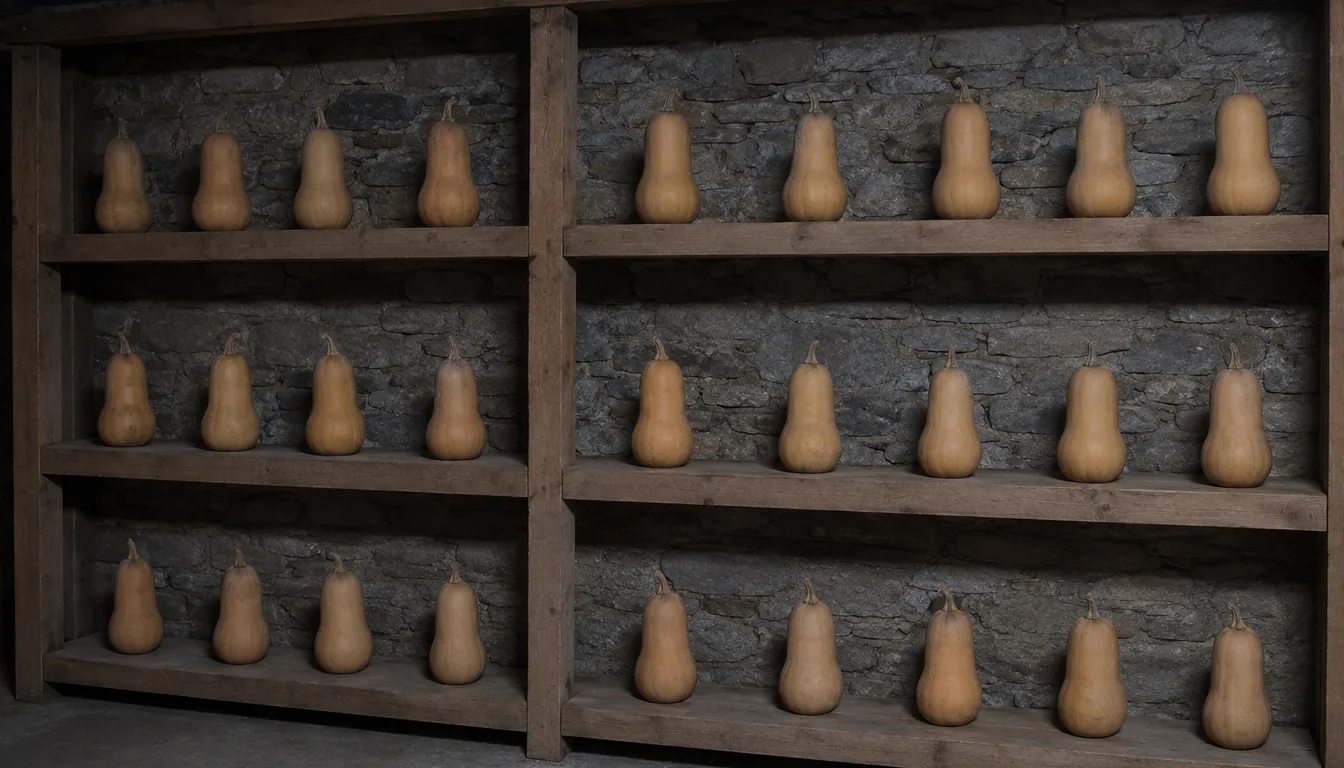 Cured butternut squash stored in a single layer on open wooden shelves in a cool dim basement, spaced so none touch, with dry corky stems still attached