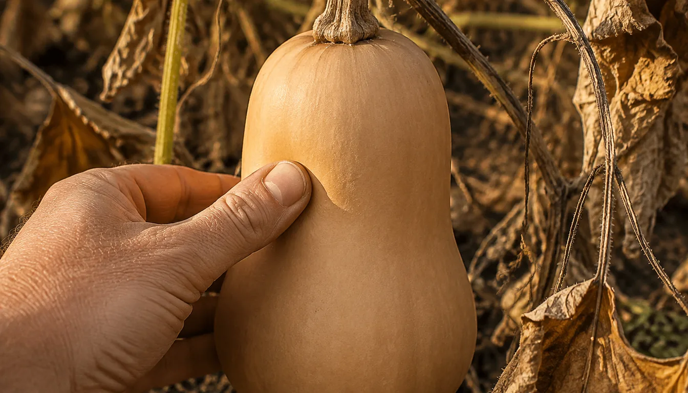A butternut squash on the vine with a hard matte tan rind and a dried corky stem, with a thumbnail pressed against the skin leaving no mark