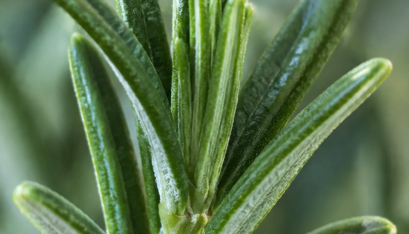 Close view of a rosemary shoot with plump green leaves and a flexible green stem above older woody growth