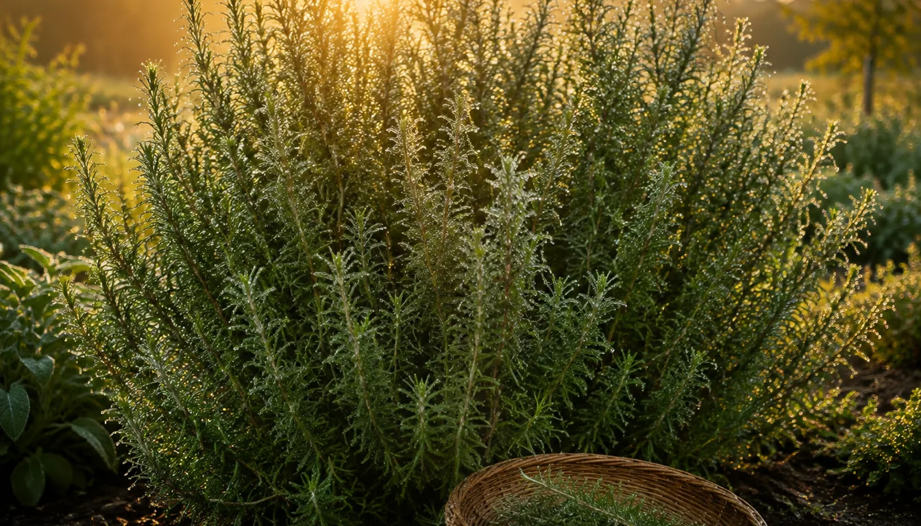 Large rosemary bush in an herb bed during early morning after dew has dried, with a shallow basket holding a few cut sprigs