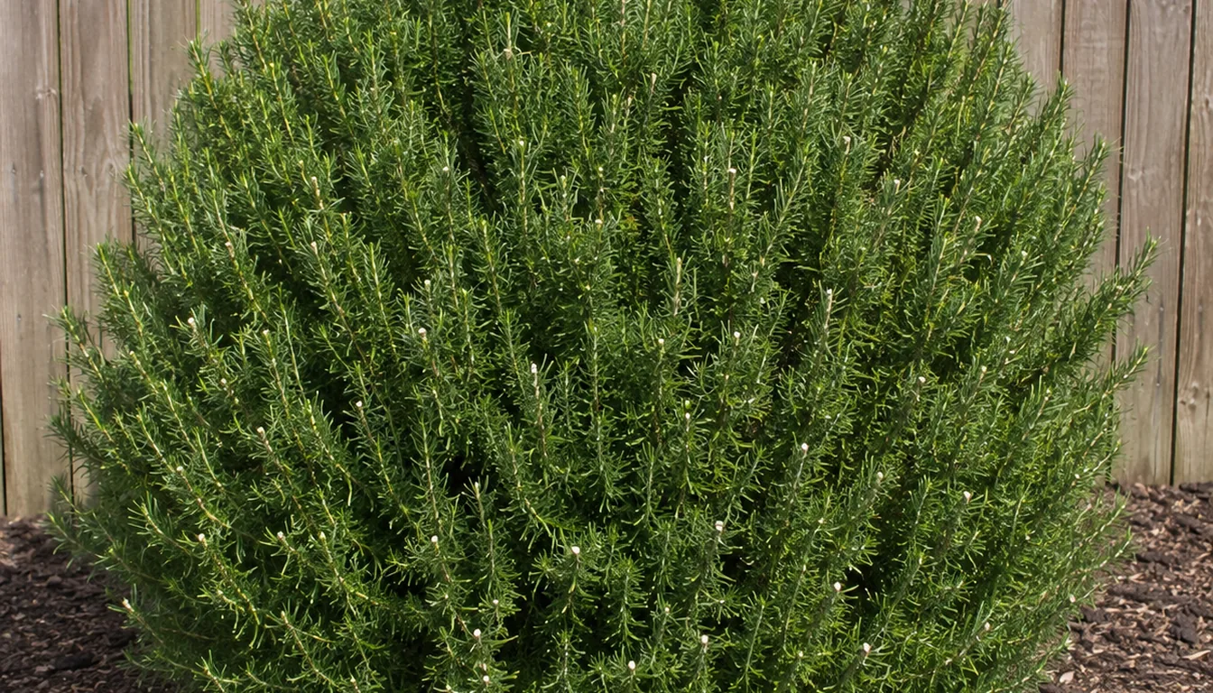 Whole rosemary shrub just after a harvest with an even outline and abundant green foliage remaining