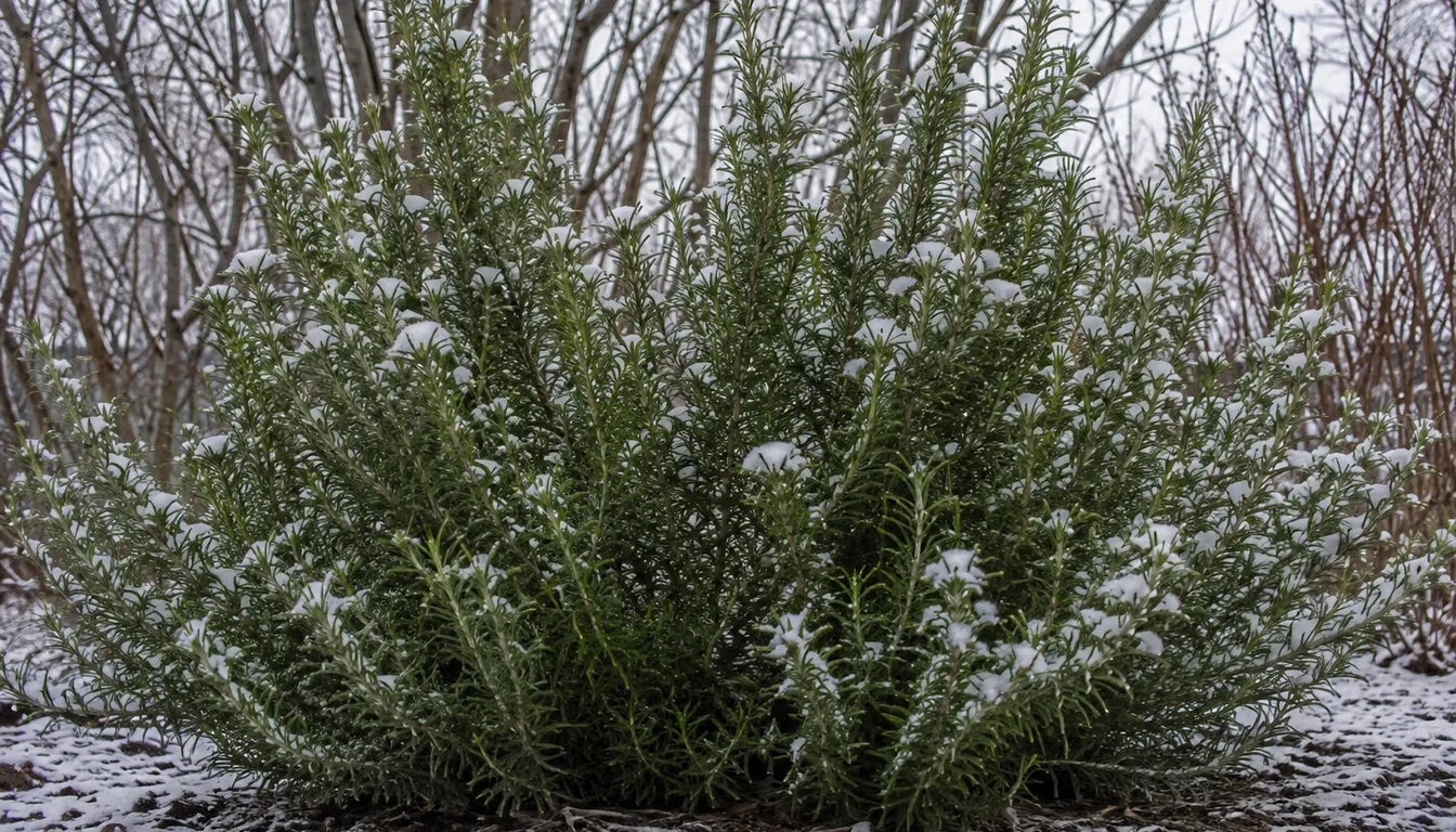 Mature rosemary bush outdoors in cold weather with a light dusting of snow on green leaves and bare deciduous branches behind it