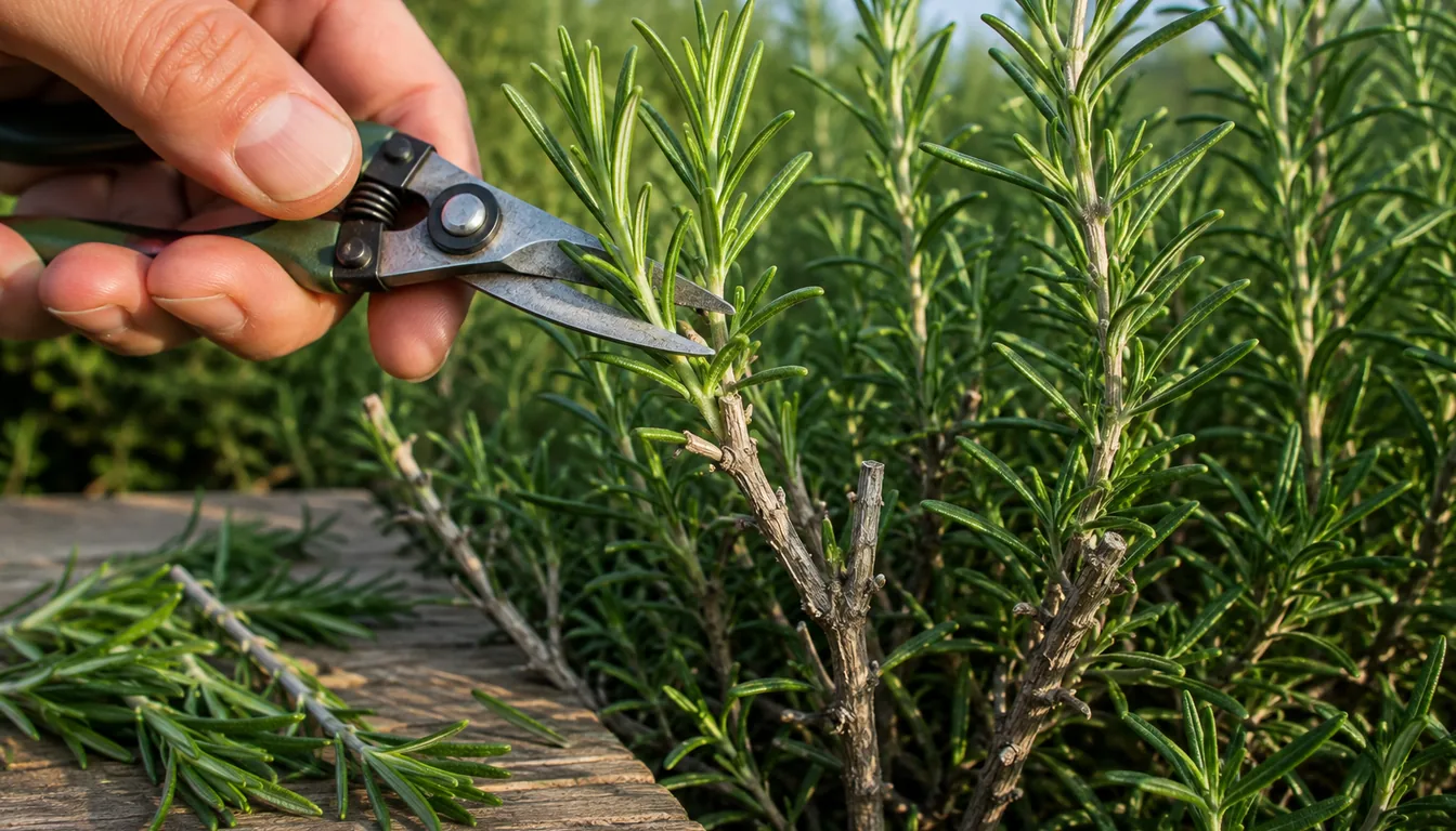 A hand cutting a soft green rosemary sprig just above a leafy node on a bushy plant while the hard gray woody stems remain below