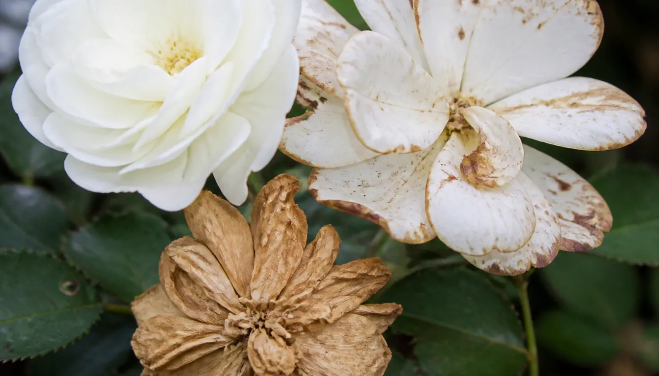 Three white rose blooms on one plant, a pristine fresh flower beside one covered in brown rain spotting and edging, and a third that has collapsed to papery tan