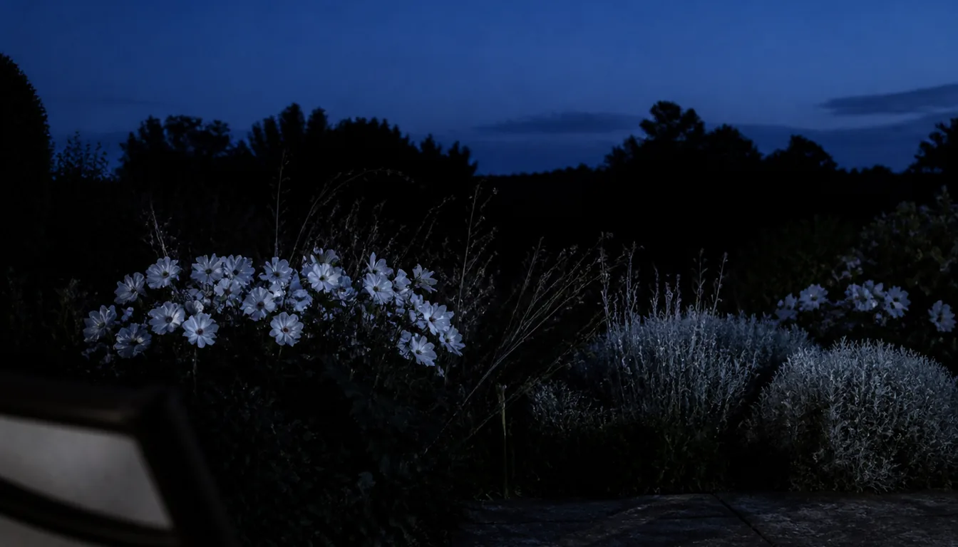A garden border at deep twilight seen from a patio chair, where white flowers and silver foliage still read clearly while the rest of the planting has gone to silhouette