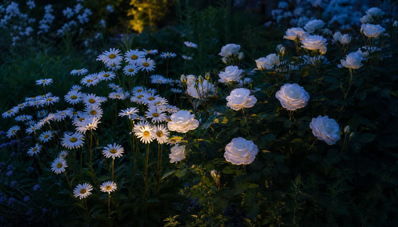 A mixed garden border where white flowers repeat through stronger colors, cooling the planting and giving the eye somewhere to rest