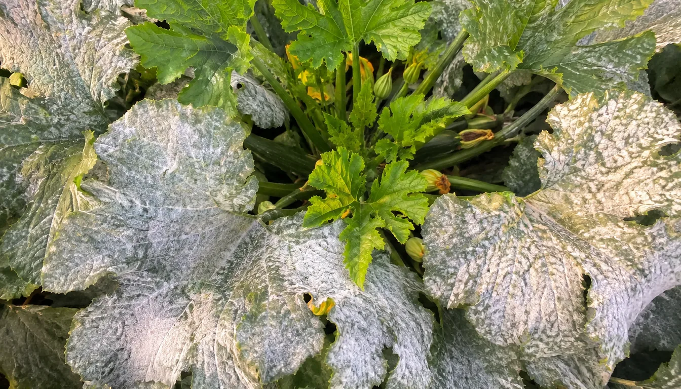 A zucchini plant in late summer with the large lower leaves heavily coated in white powdery growth spreading in merging round patches while the newest tip leaves stay clean and green