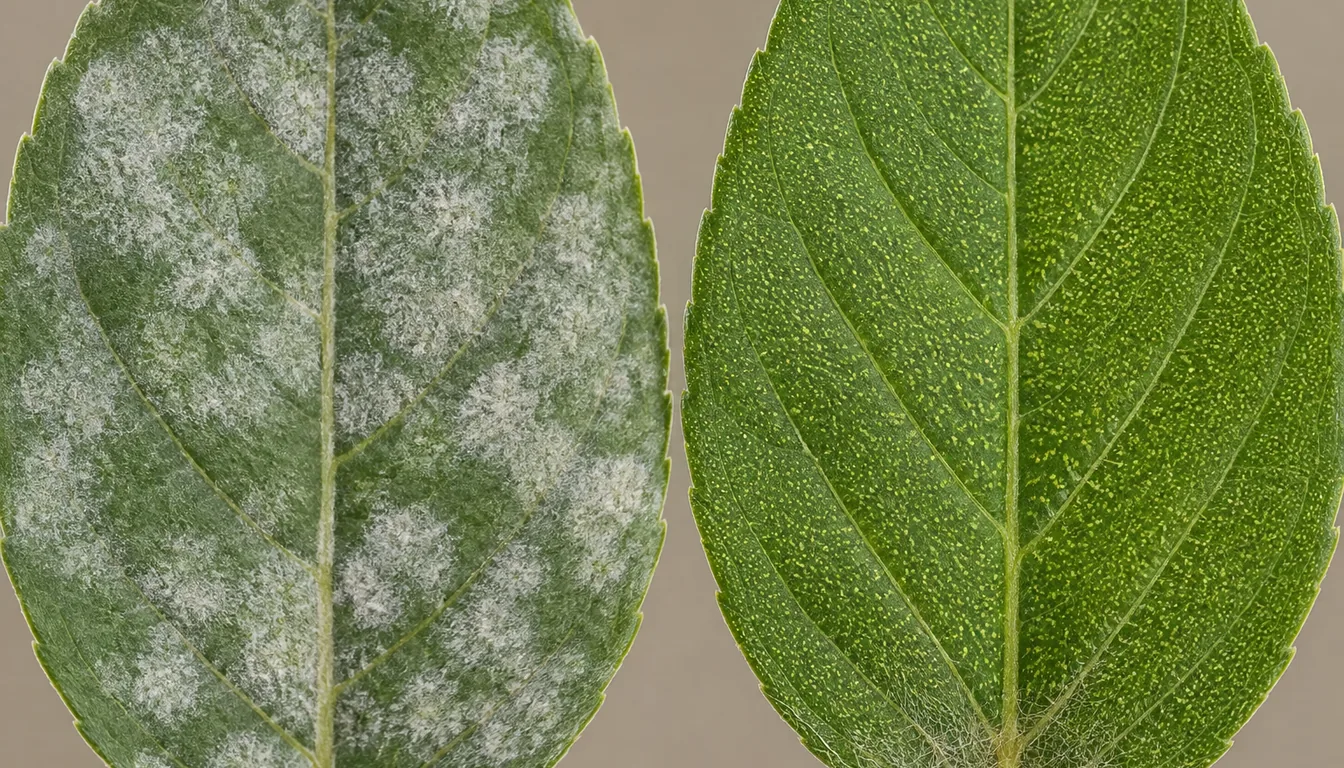 Two leaves side by side at the same scale, the left one carrying a soft dusty white powdery coating spreading in patches across its surface and the right one clean and evenly green