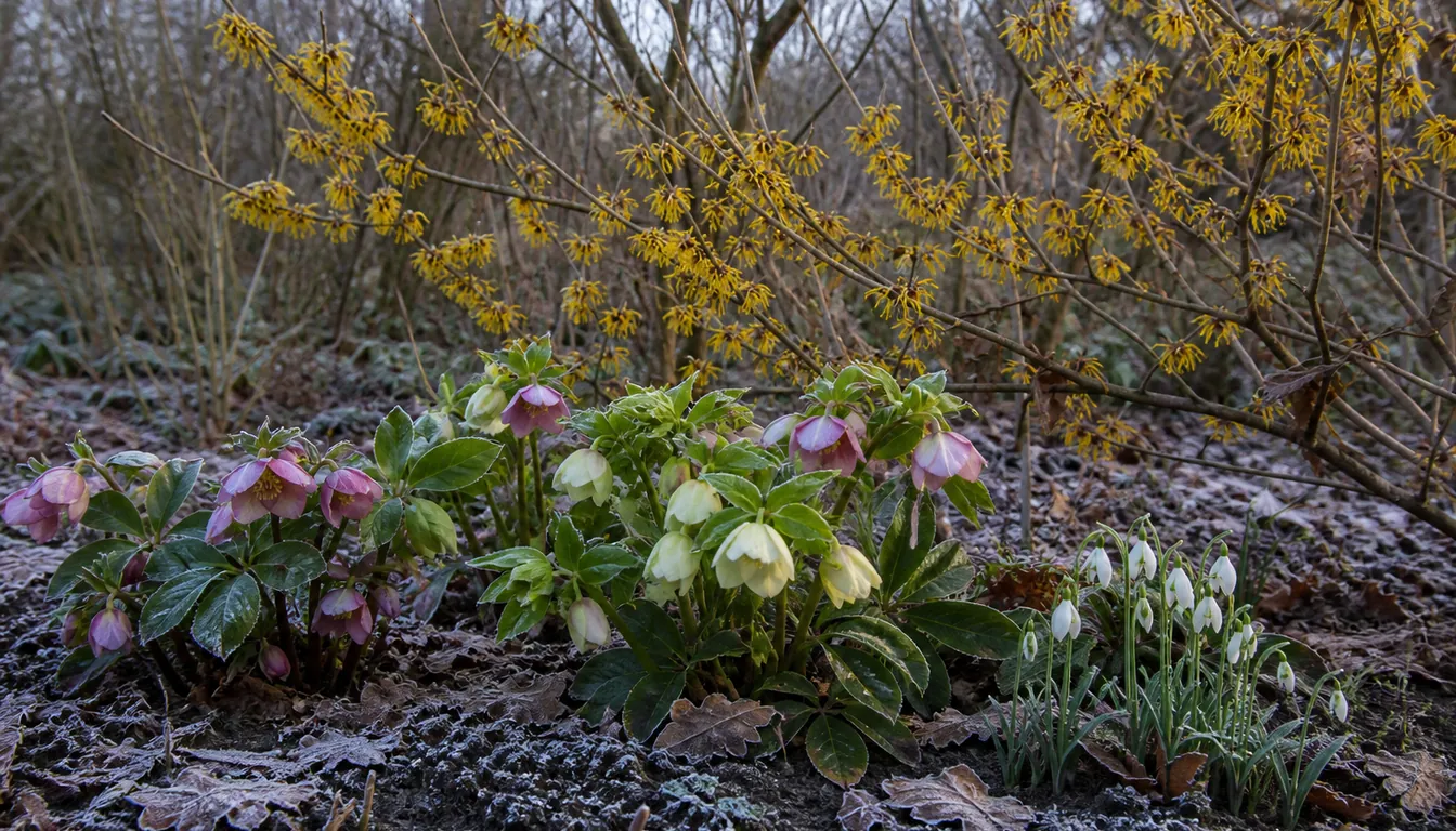 A winter border over frosted ground with pink and cream hellebores flowering at the front, snowdrops beside them and a witch hazel carrying spidery yellow flowers on bare branches behind