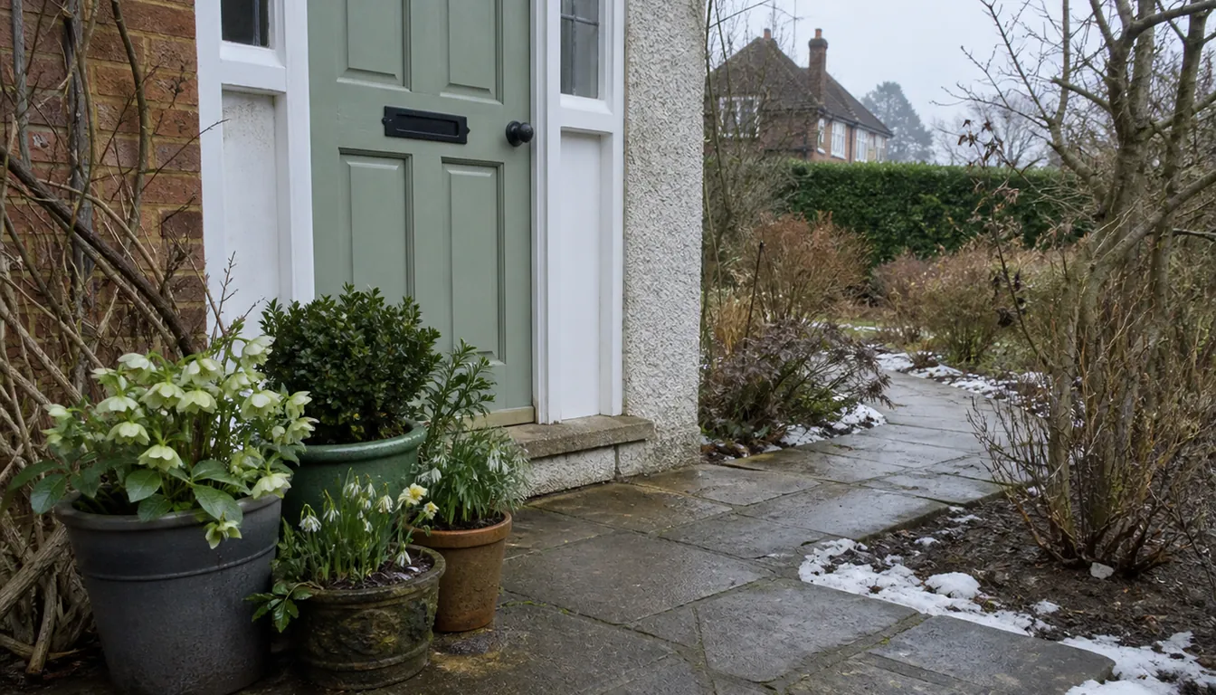 Pots of white hellebores, snowdrops and a clipped evergreen grouped beside a house door on a paved path in daily use, with melting snow on the winter garden beyond