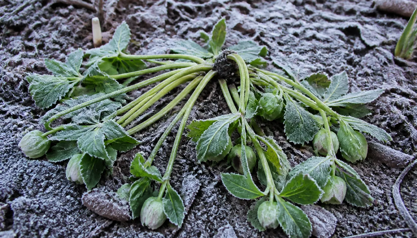 A hellebore on a hard frost morning with its stems and leaves lying flat and limp across frozen ground, the foliage and buds still green and undamaged