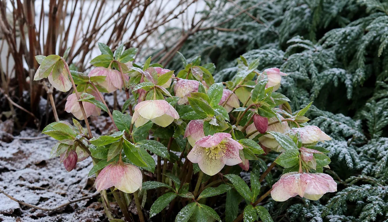 Hellebores and witch hazel flowering in a garden with frost still lying on the ground