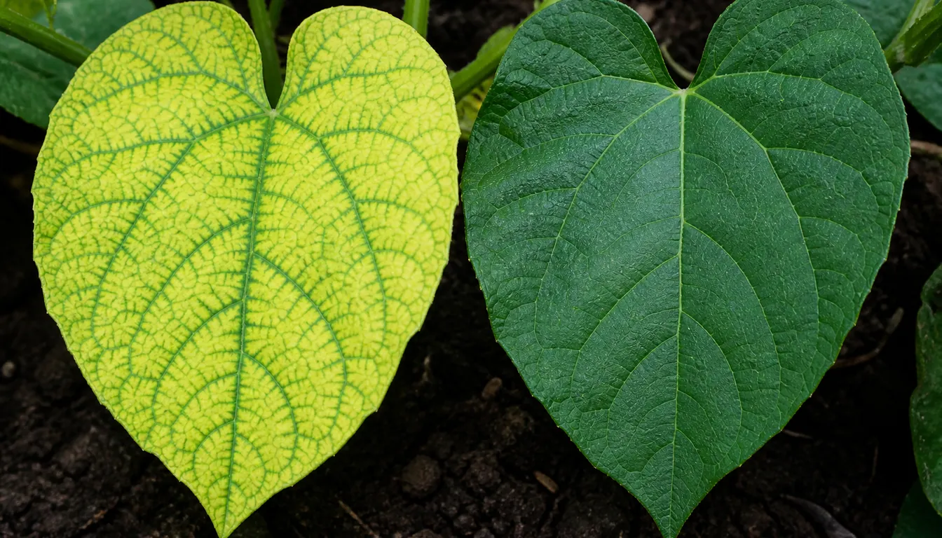 A close view of a leaf whose tissue between the veins has turned pale yellow while the vein network itself stays clearly green, with a fully green healthy leaf beside it for comparison