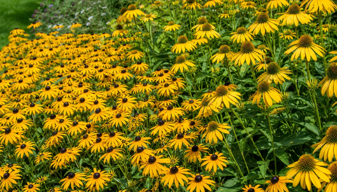 A sunny summer border where yellow black-eyed Susans and yellow daylilies repeat through the planting with blue-purple salvia and green foliage gaps between them