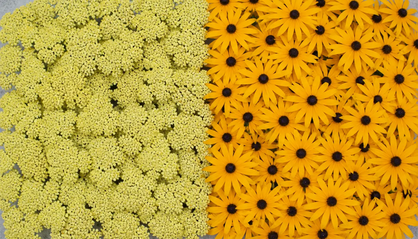Two groups of yellow flowers photographed side by side under identical diffuse light, pale lemon yarrow filling the left half and deep gold black-eyed Susans filling the right half against a plain gray surface