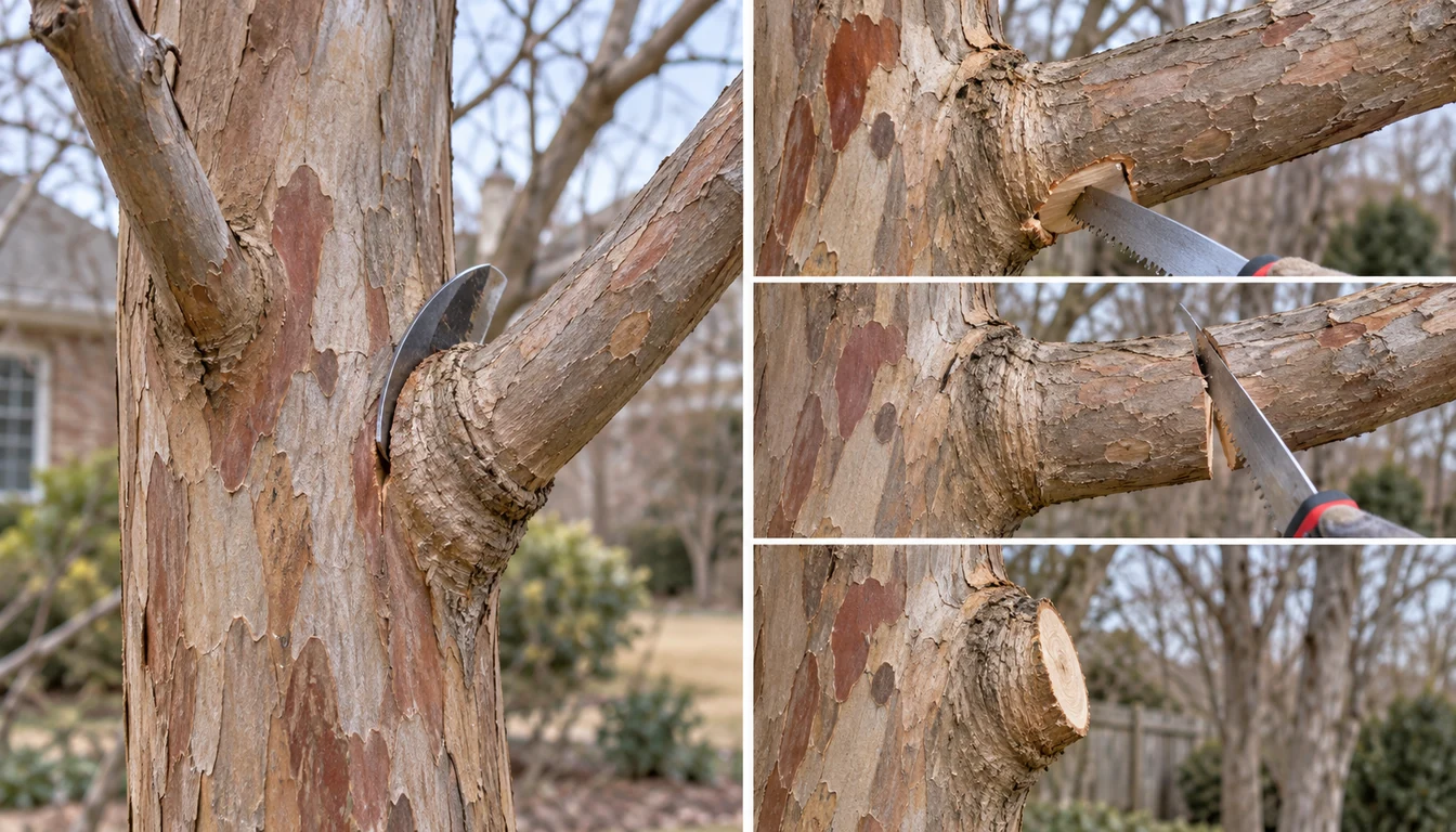 Close views of a pruning saw removing a crape myrtle limb in stages and leaving the branch collar intact