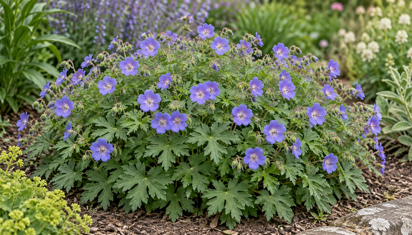 A low mound of hardy cranesbill geranium with many small violet flowers