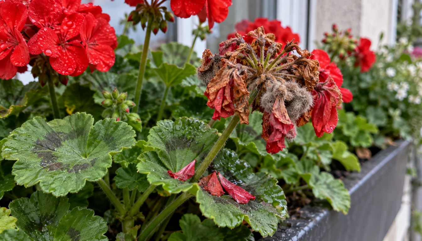 A geranium flower cluster with localized gray mold on brown collapsing petals