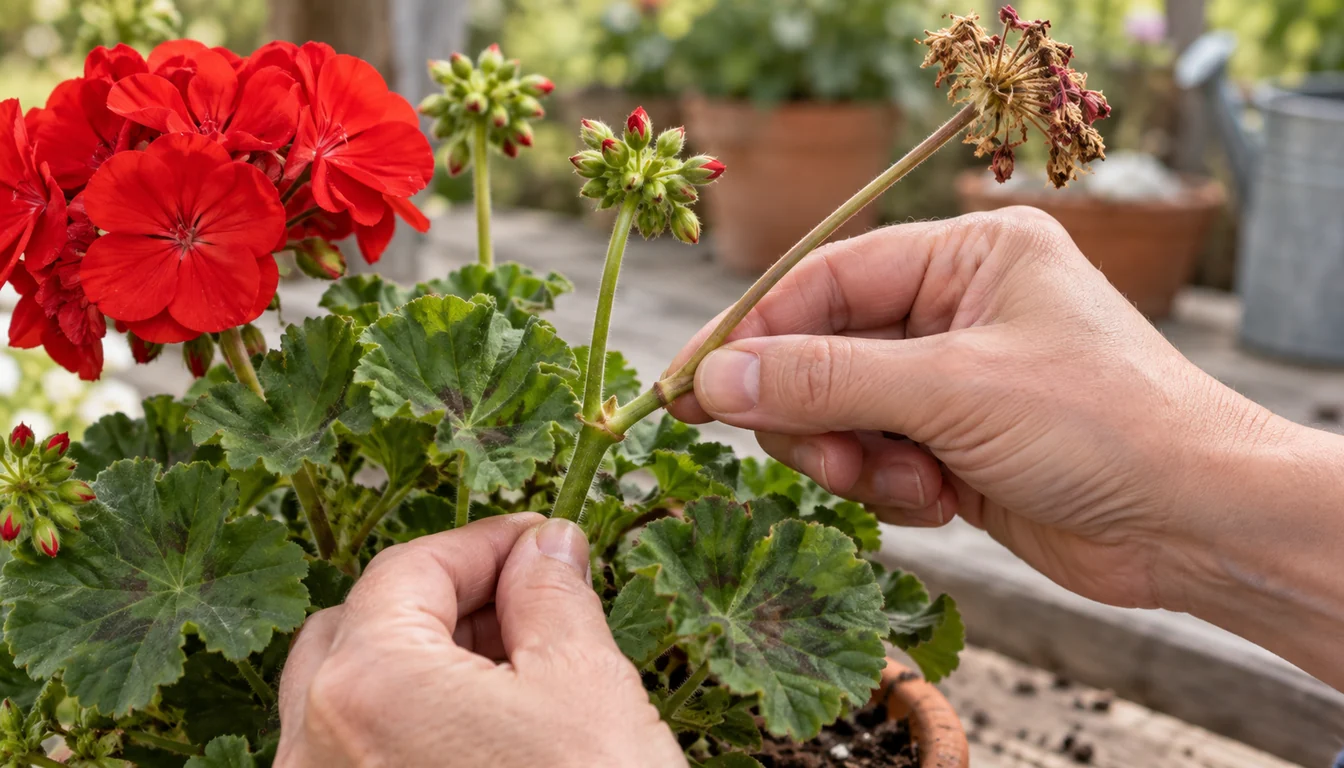Hands supporting a geranium stem while snapping a spent flower stalk at its base