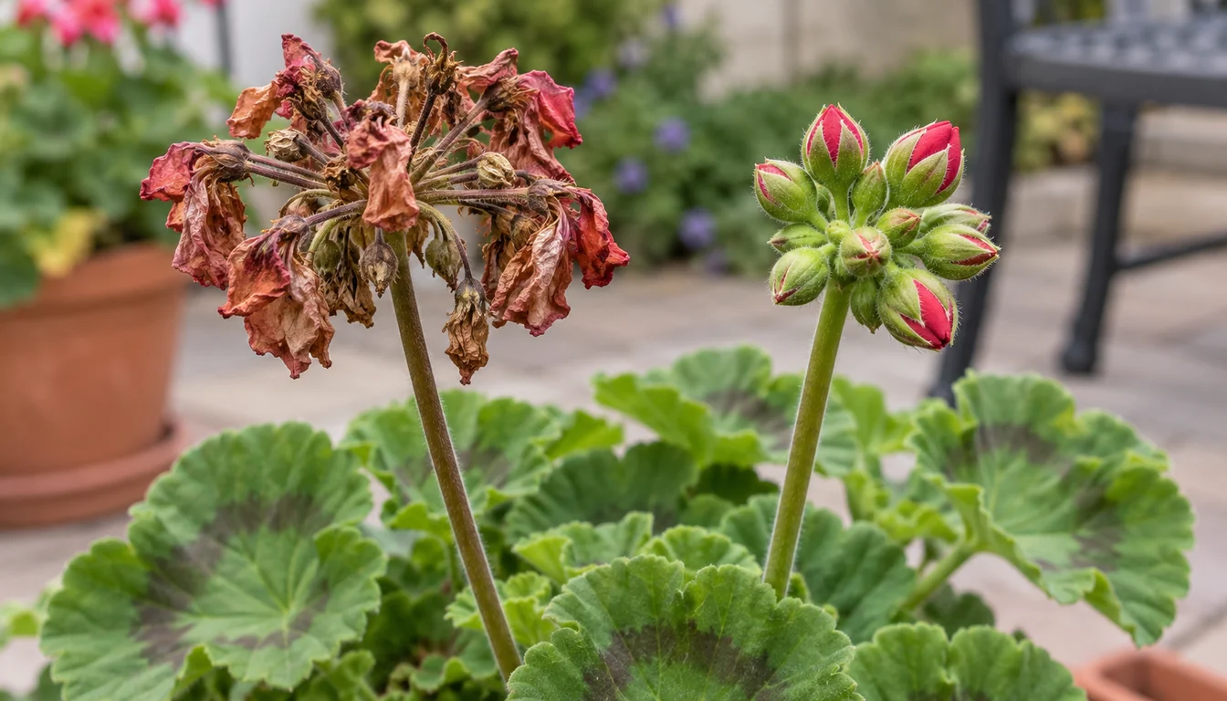 A faded geranium flower cluster beside a tight cluster of fresh unopened buds
